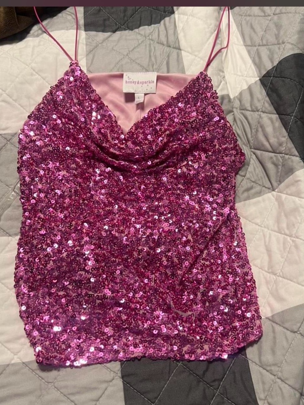 Pink Sequin Cowl Neck Camisole